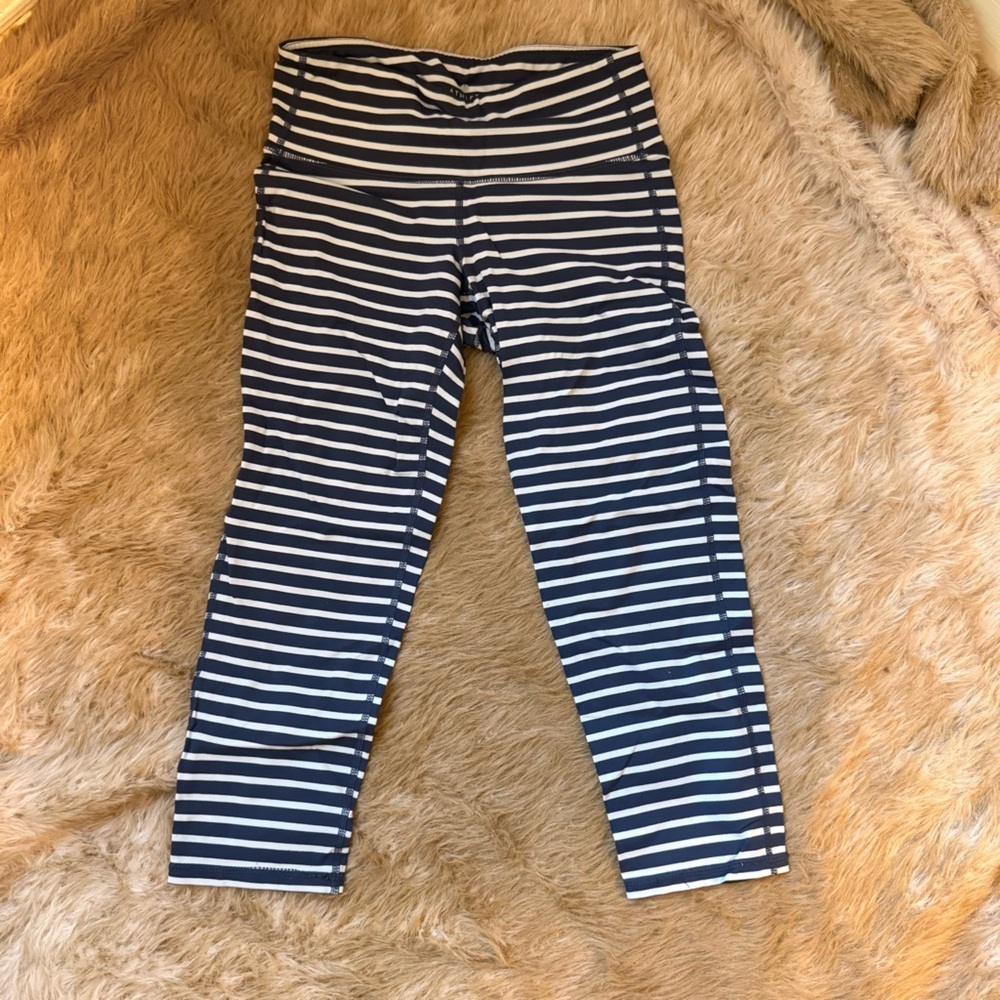 Athleta Blue and White Stripe Crop Yoga Pants